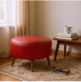 Resim Azra Mobilya Kırmızı Yuvarlak Deri Puf 60 Cm Çap, 46 Cm Yükseklik, Modern Ceviz Ayaklı Kırmızı 