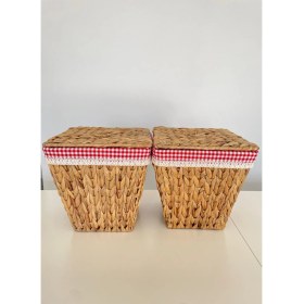 Resim Beyaz Atölye 2li Kırmızı Iç Korumalı Hasır Kapaklı Çok Amaçlı Patates ve Soğan Sepeti 