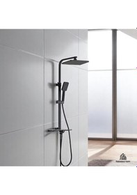 Resim İsaoğlu Yapı Siyah Duş Seti Tepe Yağmurlamalı Basmalı Yönlendirici Büyük Tepe Başlığı Modern Tasarım Siyah 