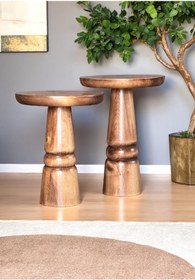 Resim AYLESA Doğal Ahşap 2’li Set Mantar Yan Sehpa Modern Fiskos Zigon Çiçeklik 