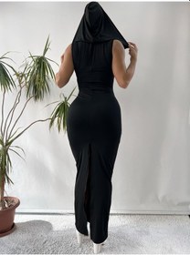 Resim Pink Life Siyah Sıfır Kol Yırtmaç Detaylı Kapişonlu Maxi Elbise Siyah 