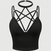 Resim Kadınların Seksi Halter Yaka Üstü Çapraz Askılı - Esnek Siyah Spagetti Askılı Cami Bahar/Yaz/Sonbahar için, Sırtı Açık Tasarım, Yüksek Esneklikli Kumaş, Rahat veya Şık Kıyafetler için Mükemmel, Çok Yönlü Moda Parçası | Sırtı Açık Moda | Esnek Kumaş 