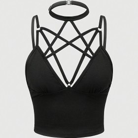 Resim Kadınların Seksi Halter Yaka Üstü Çapraz Askılı - Esnek Siyah Spagetti Askılı Cami Bahar/Yaz/Sonbahar için, Sırtı Açık Tasarım, Yüksek Esneklikli Kumaş, Rahat veya Şık Kıyafetler için Mükemmel, Çok Yönlü Moda Parçası | Sırtı Açık Moda | Esnek Kumaş 