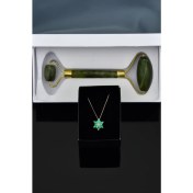 Resim Papatya Silver 925 Ayar Gümüş Rose Kaplama Yeşil Opal Taşlı Lotus Çiçeği Kolye Yeşim Taşı Yüz Masaj Aleti Hediye 