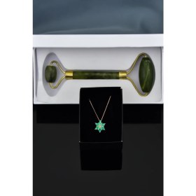 Resim Papatya Silver 925 Ayar Gümüş Rose Kaplama Yeşil Opal Taşlı Lotus Çiçeği Kolye Yeşim Taşı Yüz Masaj Aleti Hediye 