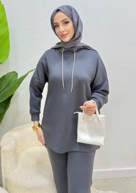 Resim Tesettür Diyarı Scuba Kumaş Bağcık Detaylı Kışlık Takım- Antrasit 