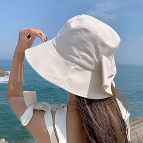 Resim Trendy Bowknot Hafif Nefes Alabilen Balıkçı Şapkası, Rahat ve Çok Yönlü Japon Tarzı Geniş Kenarli Kova Şapkası, Bahar ve Yaz İçin Dekoratif Bow ile, Katlanabilir Plaj Tatili Tarzı Başlık 
