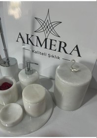 Resim Akmera Elite 7 Parça %100 Gerçek Mermer Banyo Seti Beyaz - Gümüş 