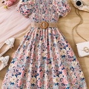 Resim Çekici Kız Çocukları İçin Çiçekli Yazlık Elbise, Puf Kollu ve Kemerli - Hafif Polyester, Makinede Yıkanabilir - Plaj Tatilleri İçin Mükemmel 