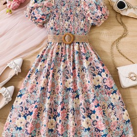 Resim Çekici Kız Çocukları İçin Çiçekli Yazlık Elbise, Puf Kollu ve Kemerli - Hafif Polyester, Makinede Yıkanabilir - Plaj Tatilleri İçin Mükemmel 