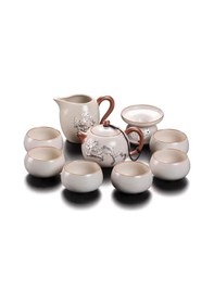 Resim Otantik Dragon Motifli Gümüş Kakmalı Asya Kültürü Seramik Çay Fincanı Misafir Ağırlama Seti 22 Parça Bej - Kahverengi 