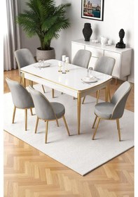 Resim Canisa Nira Serisi 70x114 Mdf Açılabilir Beyaz Mutfak Masa Takımı 6 Gri Sandalye Gold Detay Masa Beyaz Sandalye Gri Ayaklar Gold 