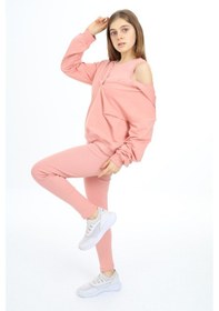 Resim Toontoy Kids Toontoy Kız Çocuk 2'li Takım Baskılı Kapüşonlu Düşük Omuz Çıtçıtlı Sweatshirt & Basic Düz Tayt Mercan 