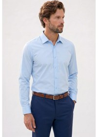 Resim Tudors Erkek Modern Slim Fit Uzun Kollu %100 Pamuk Premium Seri Saten Mavi Gömlek-49937 