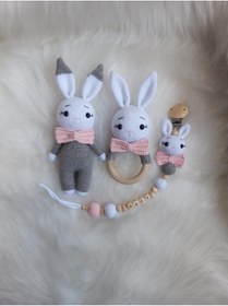 Resim Zey's Amigurumi Amigurumi Gri-Pembe Hediyelik Yenidoğan Set 3’lü 