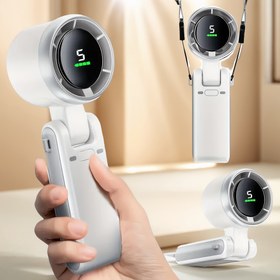 Resim Taşınabilir turbo fan, 5 hız ayarı, dijital ekran, entegre el tipi mini tasarım, USB şarj edilebilir, seyahat, yatak odası, kamp ve açık hava kullanımı için uygun 