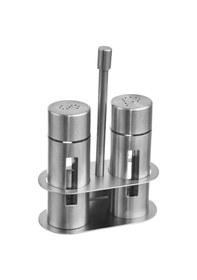 Resim Mat Çelik 3 Parça Tuz Karabiber Standlı Baharatlık Set Cin972 Gri 