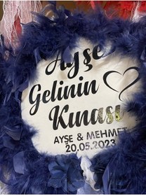 Resim GÜVEN İsimli Kına Gecesi Gelin Tefi Lacivert Tüy ve Çiçekli Def 32 cm 