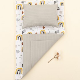 Resim Alt Açma Matı ve Yastık - Çift Taraflı - Açık Gri Muslin - Hardal Gökkuşağı 