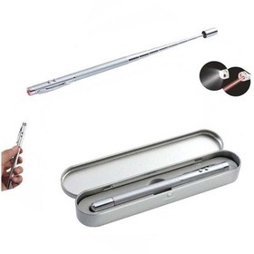Resim Metal Kutulu Kırmızı Lazerli, Led Işıklı Pointer Kalemi Rehber İşaretçi Uzayan Metal Tükenmez Kalem Gümüş 