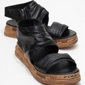 Resim Luvishoes Luvi Shoes Lunas Siyah Hakiki Deri Yandan Fermuarlı Kadın Sandalet Siyah 