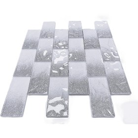 Resim MozaiKristaL Mutfak alnı ve iç dekorasyon için 48x98mm. Beyaz-Gümüş Sim efekti, 30x30cm. Fileli Kristal Mozaik 