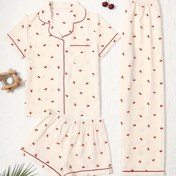 Resim Kadınlar için Şık Kiraz Desenli Pijama Takımı - 3 Parça, Kısa Kollu Üst ile Yaka ve Düğmeli Şort, Açık Mavi ile Kırmızı Kiraz Deseni, Sonbahar/Kış için Mükemmel, Yetişkin Rahat Giyim|Canlı Desenli Üst| Polyester Karışımı 