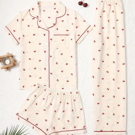 Resim Kadınlar için Şık Kiraz Desenli Pijama Takımı - 3 Parça, Kısa Kollu Üst ile Yaka ve Düğmeli Şort, Açık Mavi ile Kırmızı Kiraz Deseni, Sonbahar/Kış için Mükemmel, Yetişkin Rahat Giyim|Canlı Desenli Üst| Polyester Karışımı 