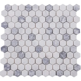 Resim TUQCO Doğaltaş Fileli 1" Hexagon Muğla Beyazı - Gümüş Eskitme Mermer Mozaik 