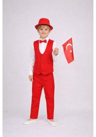 Resim Erkek Çocuk Yelekli Takım Likralı Pantalon Uzun Kol Gömlek Kırmızı 