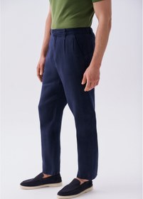 Resim Mudo Erkek Lacivert Straight Fit Keten Pantolon 