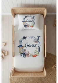 Resim %100 Pamuk Saten İsme Özel İsimli 100x200 Tek Kişilik Lastikli Çarşaf Seti Deniz Canlıları Beyaz 