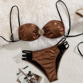 Resim Yeni İlkbahar-Yaz Timsah Desenli Kahve Kahverengi Ayrık Halter Seksi Bikini Altın Detaylı İnce Askılı Mayo 