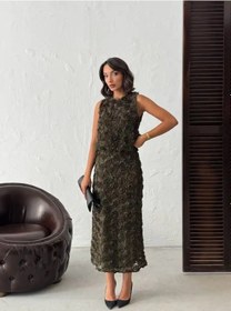 Resim Gül Desenli Tül Etek Haki Yeşili 