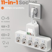 Resim Bir 11-In-1 Güç Prizi, Aşırı Yük Koruması, Beş Bireysel Anahtar ve Üç USB Portu (İki TYPE-C Portu Dahil) ile Donatılmış, Bir Oda Boyutunda Avrupa Tarzı AC Soketi, Duvara Montaj İçin Tasarlanmış. Ofisler, Evler ve Okullar İçin İdeal Kullanım. 
