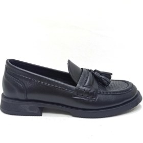 Resim Albini Siyah Deri Kadın Loafer Ayakkabı 
