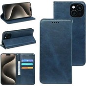 Resim Prestigegoods İphone 16 Plus Uyumlu Dana Derisi 7 Manyetik Emişli Kartlık Mavi Kılıf Mavi 