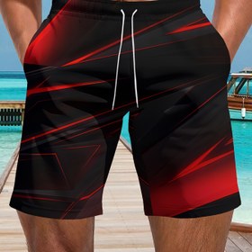 Resim Erkekler için Nefes Alabilir Yazlık Şortlar İpli - Şık Geometrik Baskı, Siyah & Kırmızı Rahat Bol Kesim Atletik Şortlar Dış Mekan Fitness & Plaj Aktiviteleri İçin, Plaj Giyimi Şortları | Şık İpli Şortlar | Pürüzsüz Dokulu Şortlar 