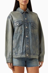 Resim Kaplamalı Oversize Denim Ceket, Modern Şık-Günlük Kadın Dış Giyim - Mavi / L 