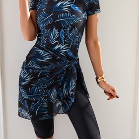 Resim Kadınlar için Tropikal Baskılı 3 Parça Tankini Seti: Kısa Kollu Üst, Yüksek Bel Boksör Alt ve Eşleşen Örtü Etek - Esnek Polyester Karışımı, Şeffaf Değil 