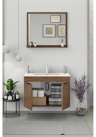 Resim Biani Fix Arya 85 Cm Banyo Dolabı,Seramik Lavabolu, Aynalı,Lavabo Dahil,Mdf,Aybe Kahve 