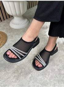 Resim Günlük Kadın Sandalet Fileli Streç Taşlı Yumuşak Taban Lastikli Kalın Topuklu Ayakkabı 291 Siyah 