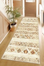 Resim Pelangi Geometrik Karo Desenli Dijital Baskı Yıkanabilir Kaymaz Taban Etnik Kilim Desen Salon Halısı (Krem), Krem 80 x 250, 955577711802507 