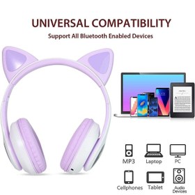 Resim Fuchsia Kedi Kulaklık LED Işıklı Bluetooth Katlanabilir Eğlenceli Mikrofonlu Kulaklık 