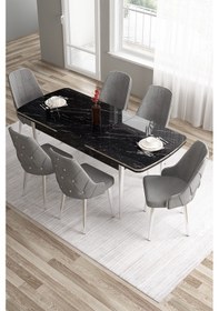 Resim Canisa Tia Serisi 80x132 Mdf Açılabilir Siyah Mermer Desen Krom Detay Mutfak Masası Ve 6 Gri Sandalye Masa Siyah Mermer Desen Sandalye Gri 