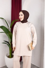 Resim Sfg Life Moda Kadın Bej Tesettür Giyim Zarif Taş Detaylı Tunik & Pantolon İkili Takım 