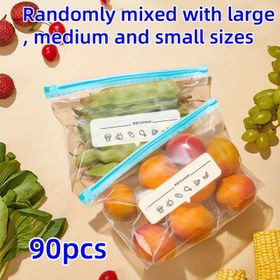Resim 90 Adet Fermuarlı Yeniden Kullanılabilir Gıda Saklama Torbaları - Nem Geçirmez ve Su Geçirmez, Pirinç, Meyve, Sebze, Dondurulmuş Et için 3 Boyut (Büyük/Orta/Küçük), Kalın Dayanıklı Plastik, Elde Yıkanabilir, Mutfak & Kiler Tasarrufu Sağlayan Organizasyon 