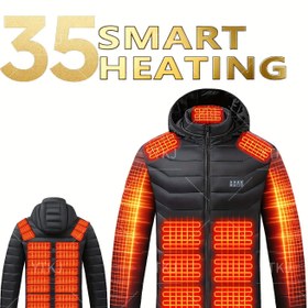 Resim Erkekler için 35 ısıtma bölgesi ve USB şarjlı, 3 sıcaklık seviyesi (35°C/95°F maksimum) olan, kapüşonlu fermuarlı kışlık mont, makinede yıkanabilir polyester kabuk - Kayak, işe gitme, açık hava etkinlikleri için - Piller dahil değildir - Modern term 