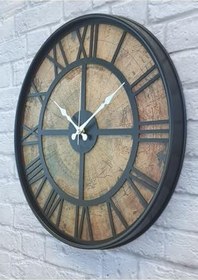Resim Metal Kasa Eski Dünya Haritası Duvar Saati 50cm 