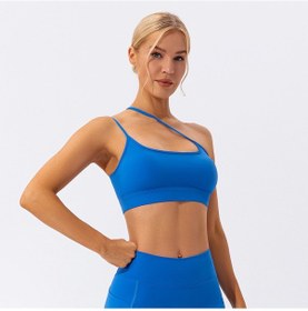 Resim Bayan Kemer Göğüs Pedleri Spor İç Çamaşırı Arka Ayarlanabilir Yoga Sütyen Koşu Spor Yeleği Mavi 